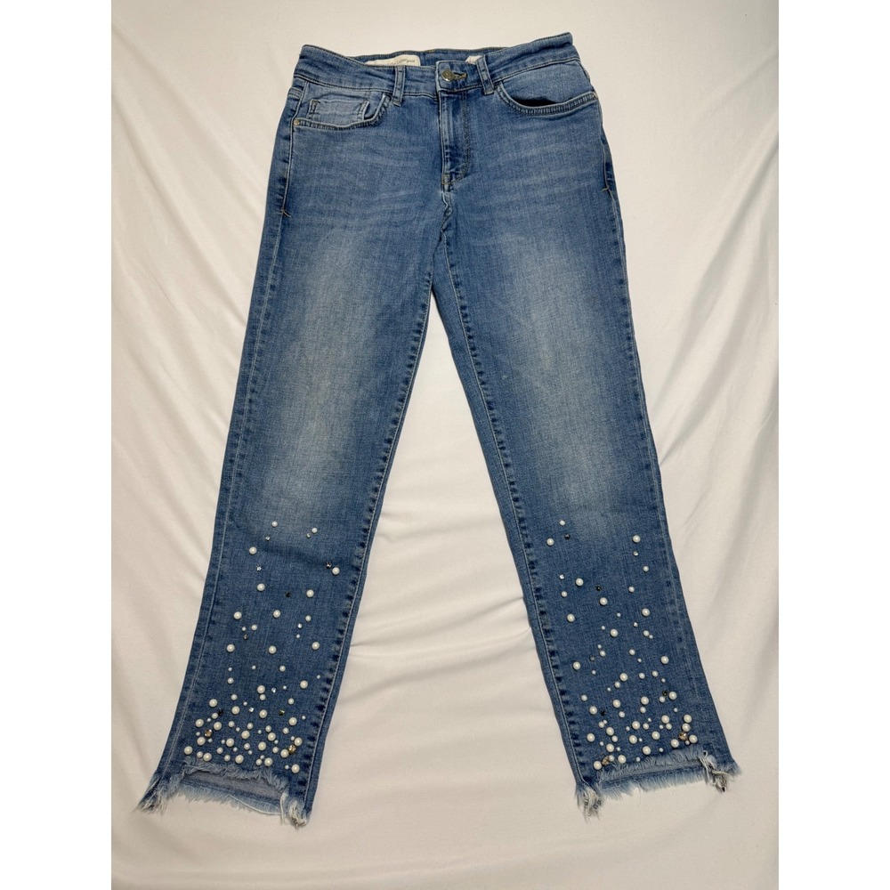 Pilcro and the Letterpress Hyphen Pearl Embellished Jeans Blue 26 Step Hem